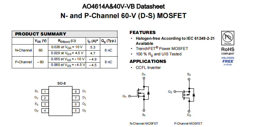 AO4614A&40V-VB一种N+P—Channel沟道SOP8封装MOS管