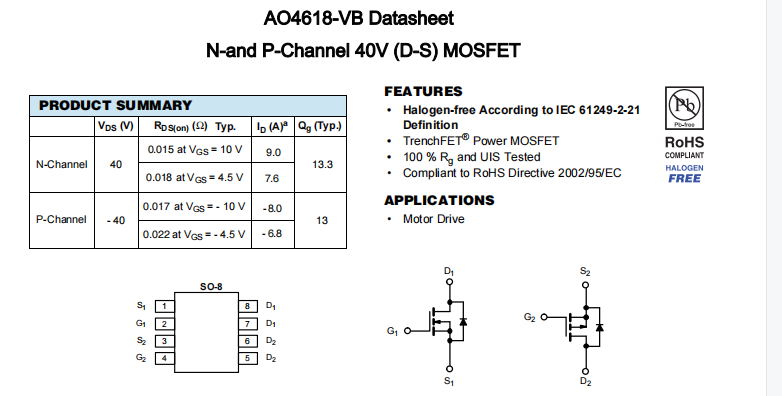 AO4618-VB一种N+P—Channel沟道SOP8封装MOS管