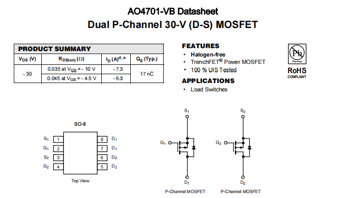 AO4701-VB一种2个P—Channel沟道SOP8封装MOS管