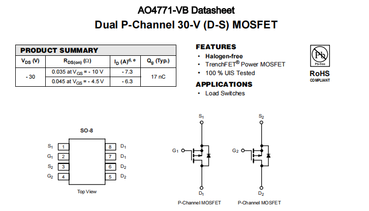 AO4771-VB一种2个P—Channel沟道SOP8封装MOS管