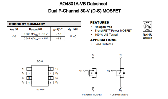 AO4801A-VB一种2个P—Channel沟道SOP8封装MOS管