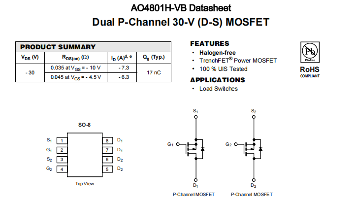 AO4801H-VB一种2个P—Channel沟道SOP8封装MOS管