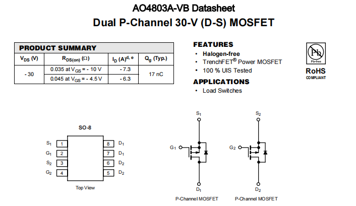 AO4803A-VB一种2个P—Channel沟道SOP8封装MOS管