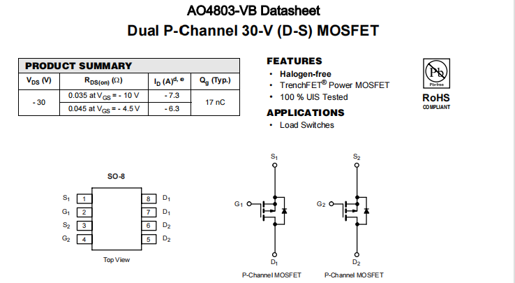 AO4803-VB一种2个P—Channel沟道SOP8封装MOS管