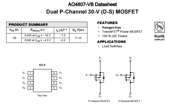 AO4807-VB一种2个P—Channel沟道SOP8封装MOS管