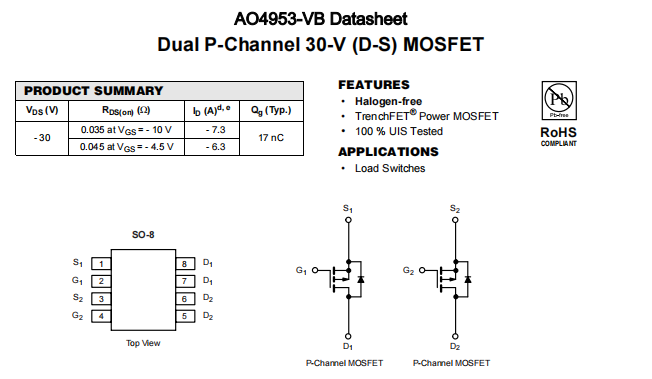 AO4953-VB一种2个P—Channel沟道SOP8封装MOS管