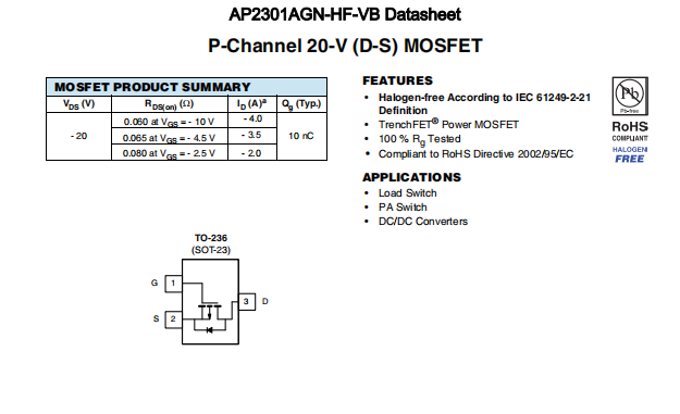 AP2301AGN-HF-VB一种P—Channel沟道SOT23封装MOS管