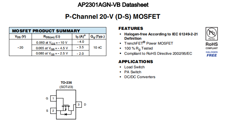 AP2301AGN-VB一种P—Channel沟道SOT23封装MOS管