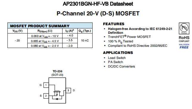 AP2301BGN-HF-VB一种P—Channel沟道SOT23封装MOS管