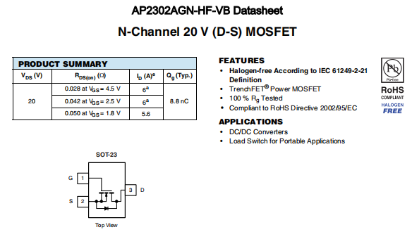 AP2302AGN-HF-VB一种N—Channel沟道SOT23封装MOS管