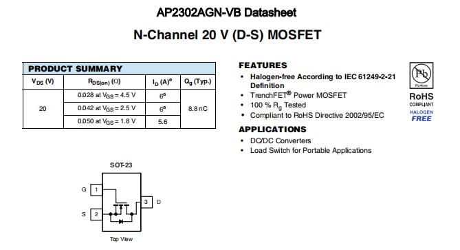 AP2302AGN-VB一种N—Channel沟道SOT23封装MOS管