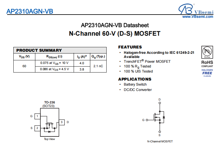 AP2310AGN-VB一种N—Channel沟道SOT23封装MOS管