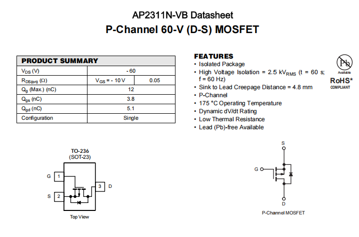 AP2311N-VB一种P—Channel沟道SOT23封装MOS管