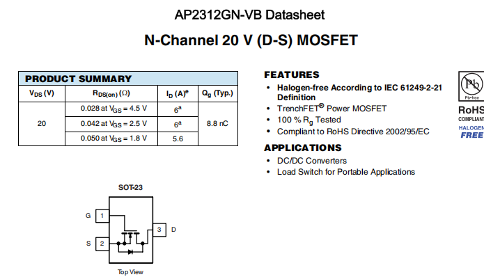 AP2312GN-VB一种N—Channel沟道SOT23封装MOS管