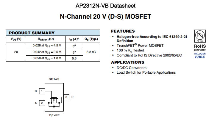 AP2312N-VB一种N—Channel沟道SOT23封装MOS管