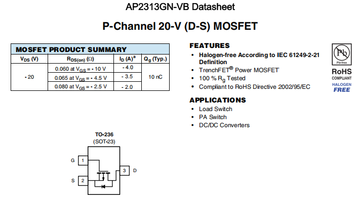 AP2313GN-VB一种P—Channel沟道SOT23封装MOS管