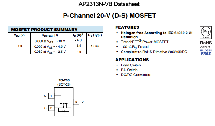 AP2313N-VB一种P—Channel沟道SOT23封装MOS管