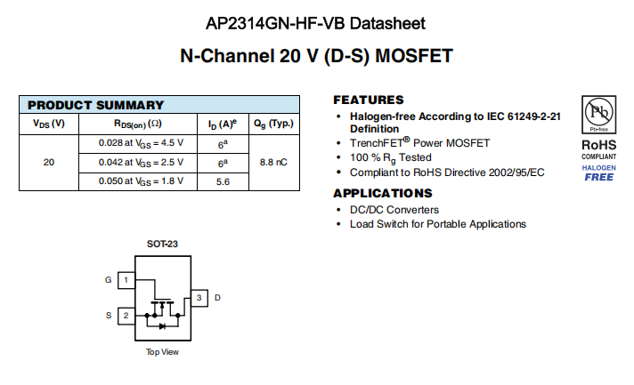 AP2314GN-HF-VB一种N—Channel沟道SOT23封装MOS管