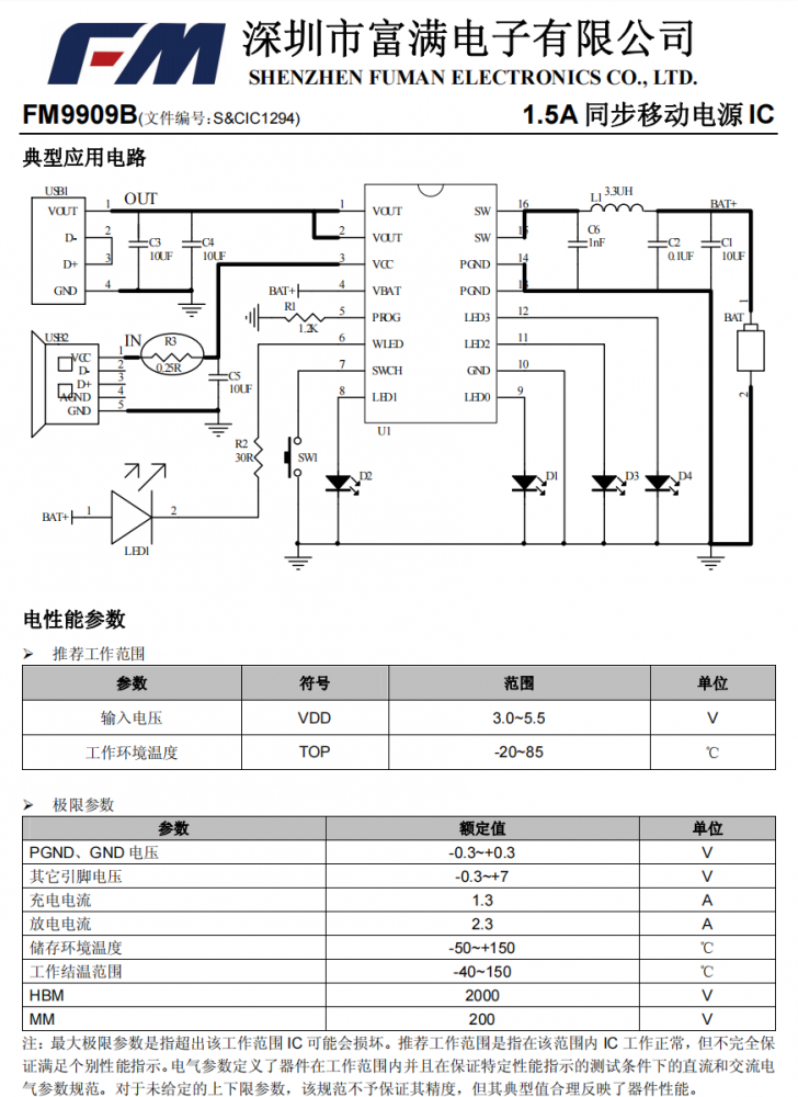 FM9909B 1.5A同步移动电源IC ESOP-16 放电效率高达86% 百盛代理
