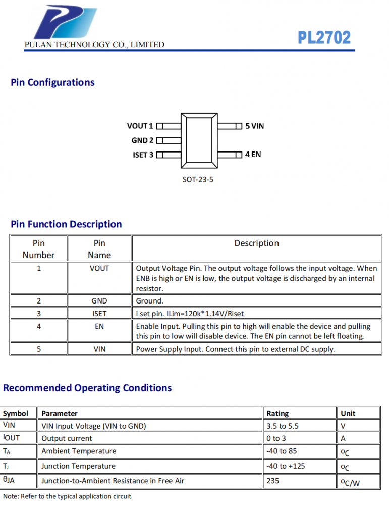 PL2702 SOT‐23‐5 32mΩ N通道MOSFET电源开关