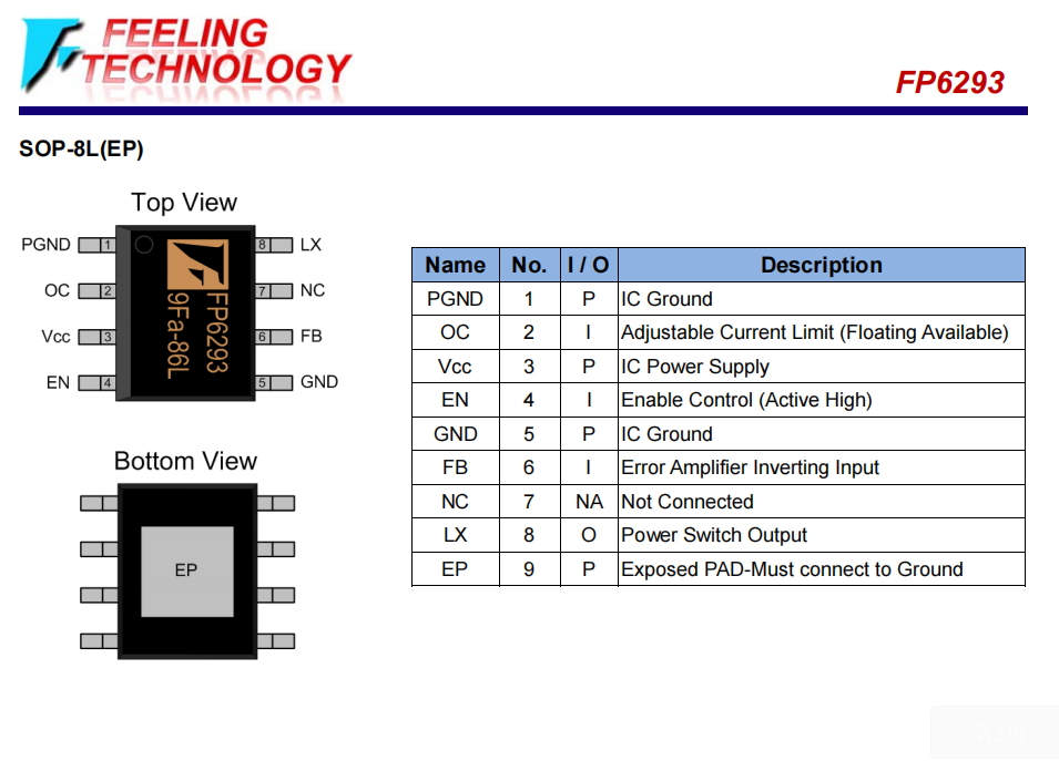 FP6293XR-G1 SOP-8L(EP) 1MHz，3.5A升压电流模式PWM转换器