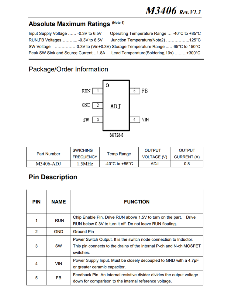 M3406 1.5MHz，800mA同步降压转换器IC