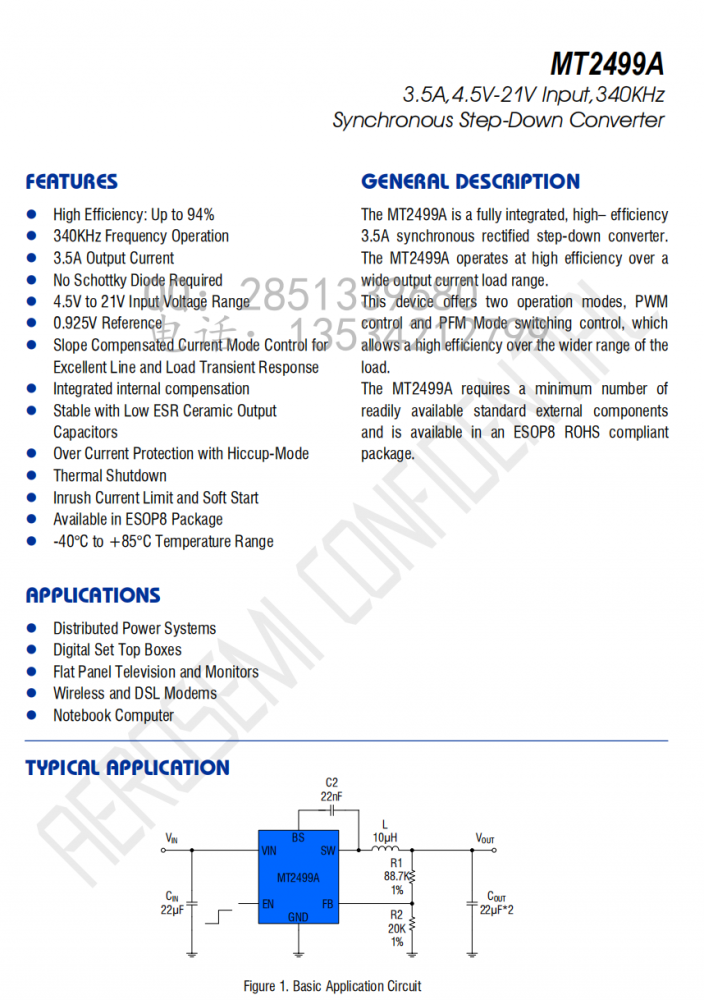 MT2499A  3.5A，4.5V-21V输入，340kHz同步降压转换器芯片
