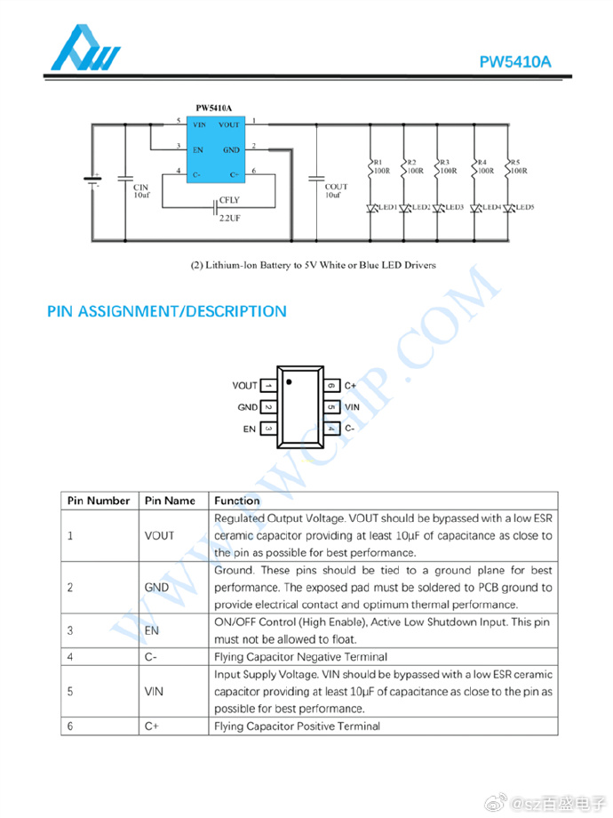 PW5410A  SOT23-6L封装 恒定1.2MHZ DC-DC开关电容倍压器