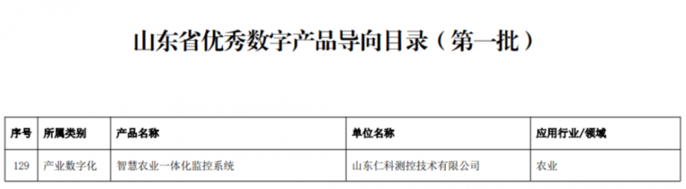 山东仁科智慧农业一体化监控系统入选山东省优秀数字产品导向目录