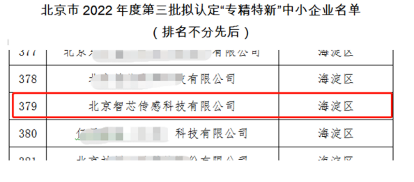 喜讯！智芯传感荣获北京市“专精特新”企业认定