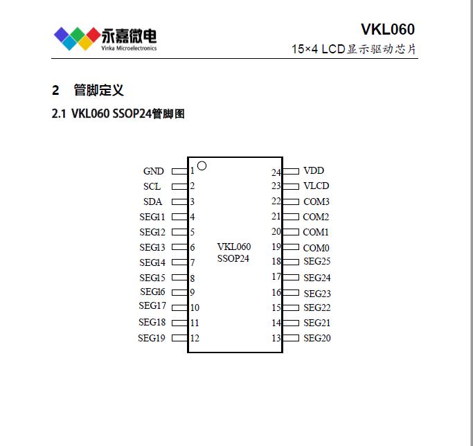 超低功耗/超省电LCD液晶段码屏显示驱动IC-VKL060 SSOP24,适用于水电表/智能水表/温