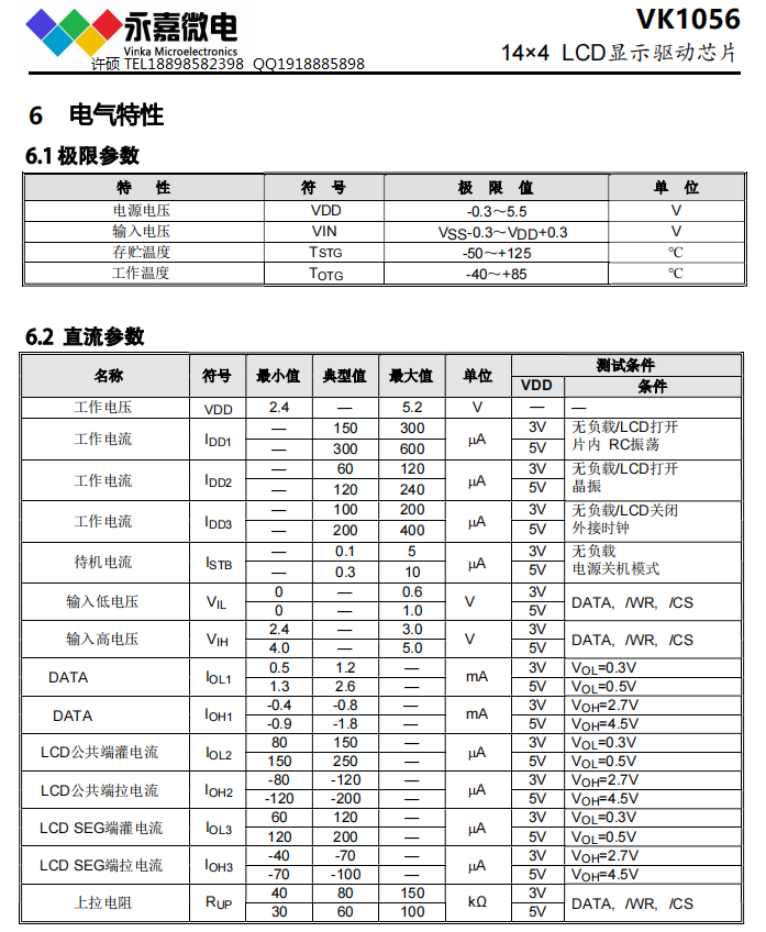 支持56点阵LCD液晶驱动器段码驱动IC小体积液晶驱动芯片VK1056Q QFN24L 原厂技术支持