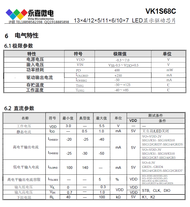 13×4点阵LED驱动IC数码管驱动抗噪数显芯片VK1S68C SSOP24适用于单相电压保护器