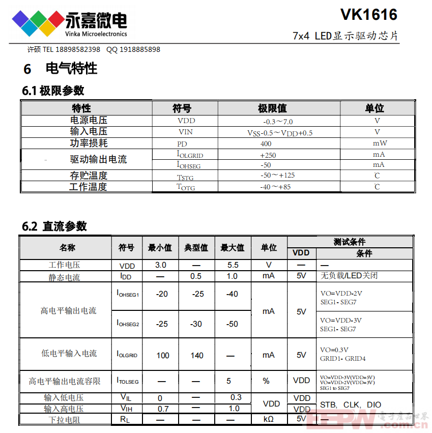 7×4 LED抗干扰数显驱动芯片/数显驱动IC/数码管驱动厂家VK1616 SOP16
