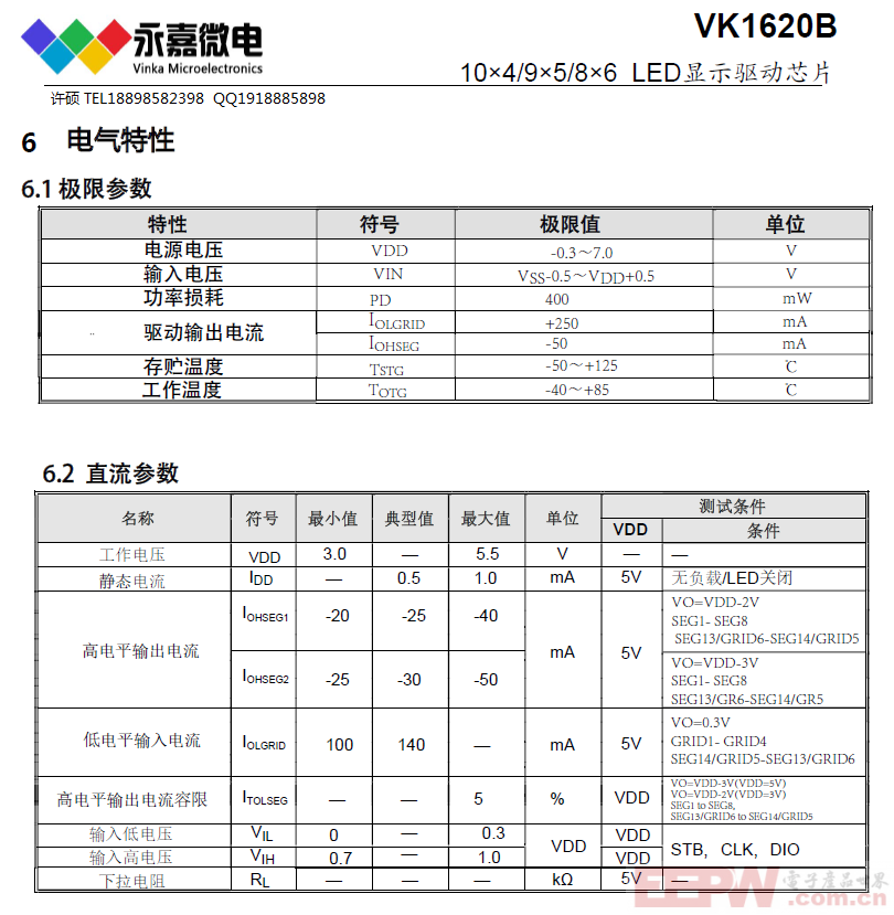 LED数显驱动原厂VK1620 SOP20抗噪数显屏驱动IC/数码管驱动芯片3线接口