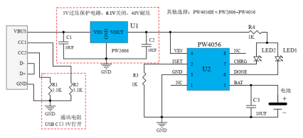 USB输入带6.1V过压关闭，40V输入耐压，单节锂电池1A充电管管理芯片