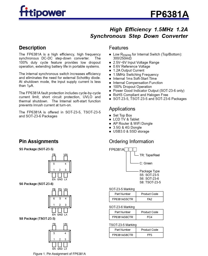 天钰原装正品FP6381AS5CTR， 2.5V~6V输入电压范围， 内部1ms软启动时间