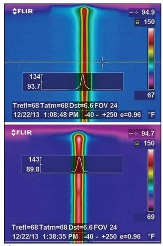 表2中第二和四行电路在85 W、3.4 GHz条件下的热成像图