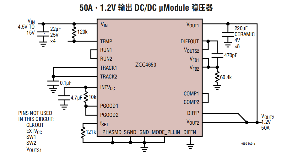 ZCC4650双通道 25A 或单通道50A,DCDC uModule 稳压器，替代LT4650