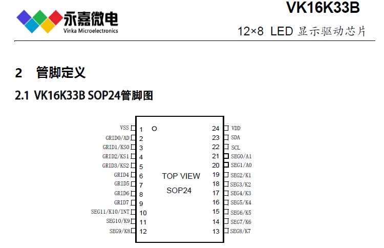 VK16K33B SOP24高亮数码管显示驱动/LED显示驱动芯片/大电流数显IC