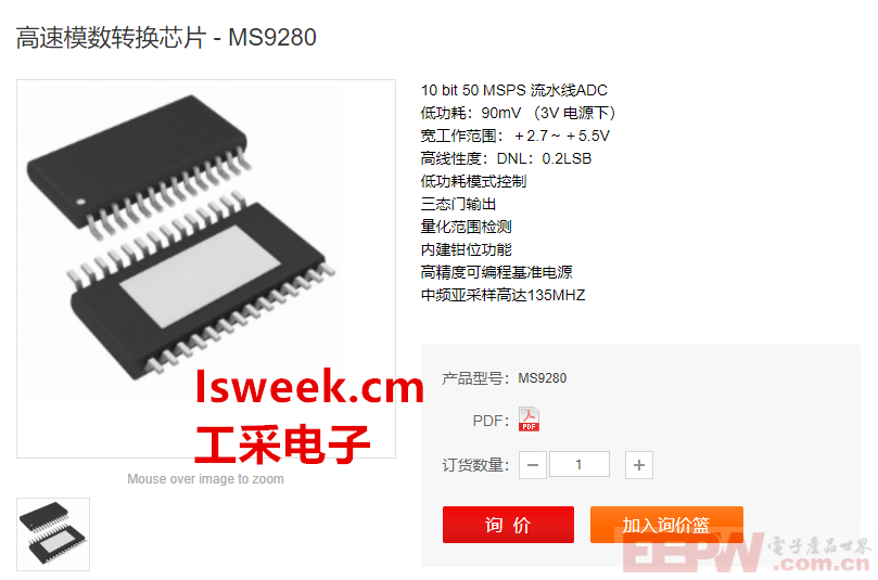 一款单芯片、单电源、10bit、50MSPS的模数转换器-MS9280
