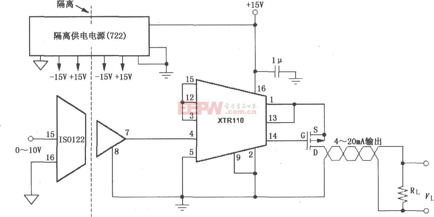 XTR110隔離式4～20mA變送器電路圖