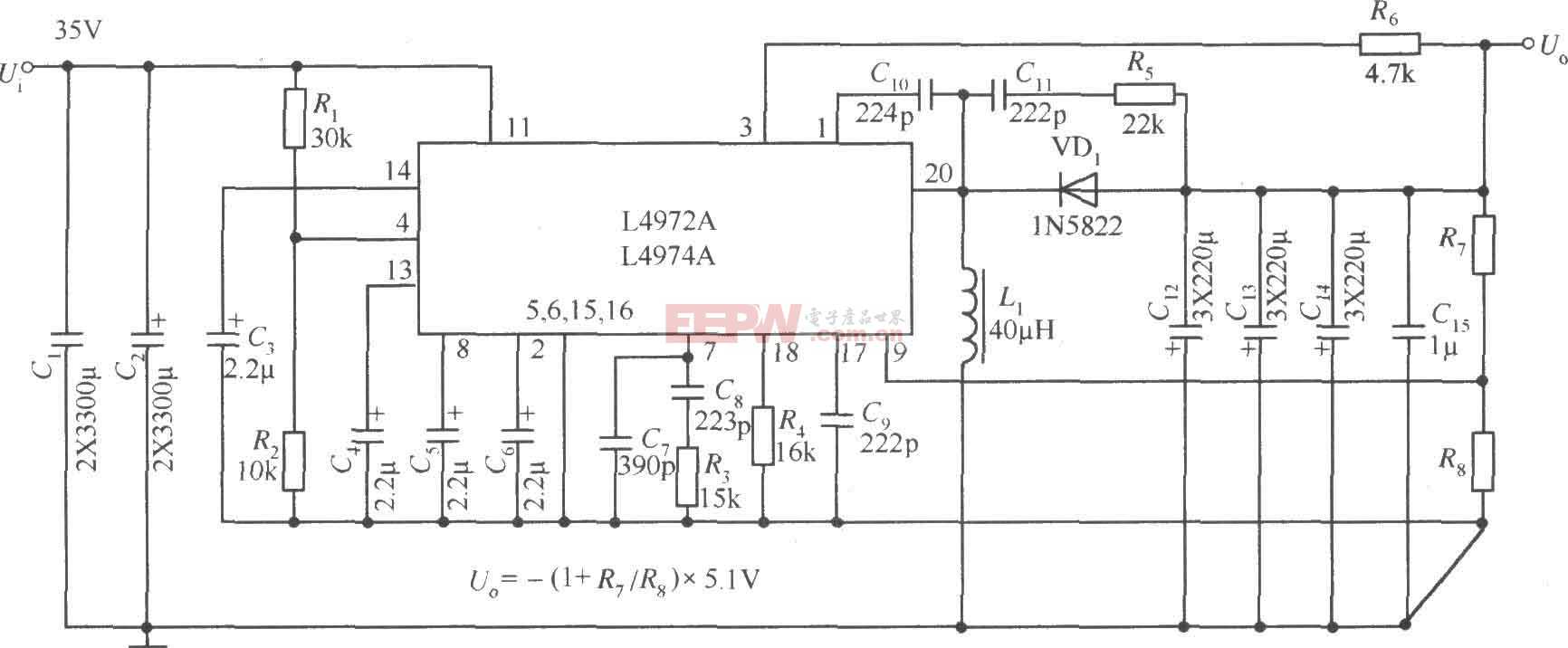 由LTC1628-SYNC构成的输出为5V、5A，3.3V、5A双路直流稳压电源电路