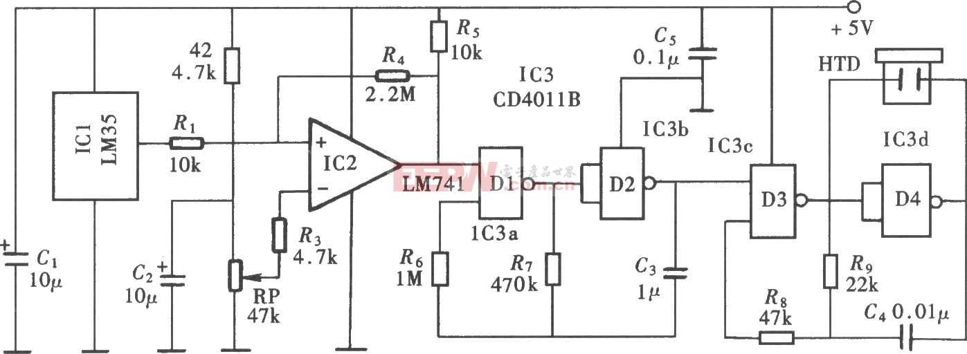 超温监测警示电路图(LM35、LM741)