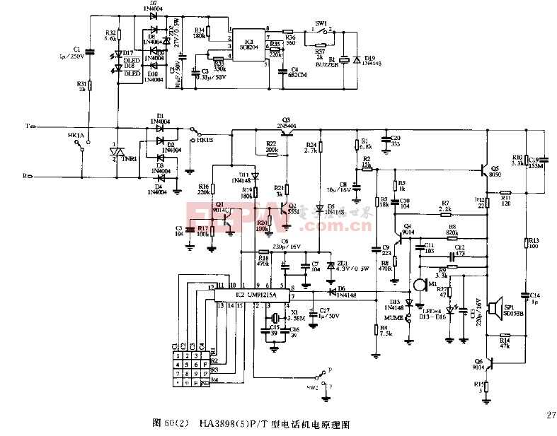 ha3898(5)p/t型电话机原理图-电话机电路图-电子产品