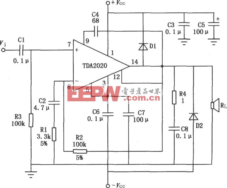 20W Hi―Fi音频功率放大器TDA2020的典型应用电路