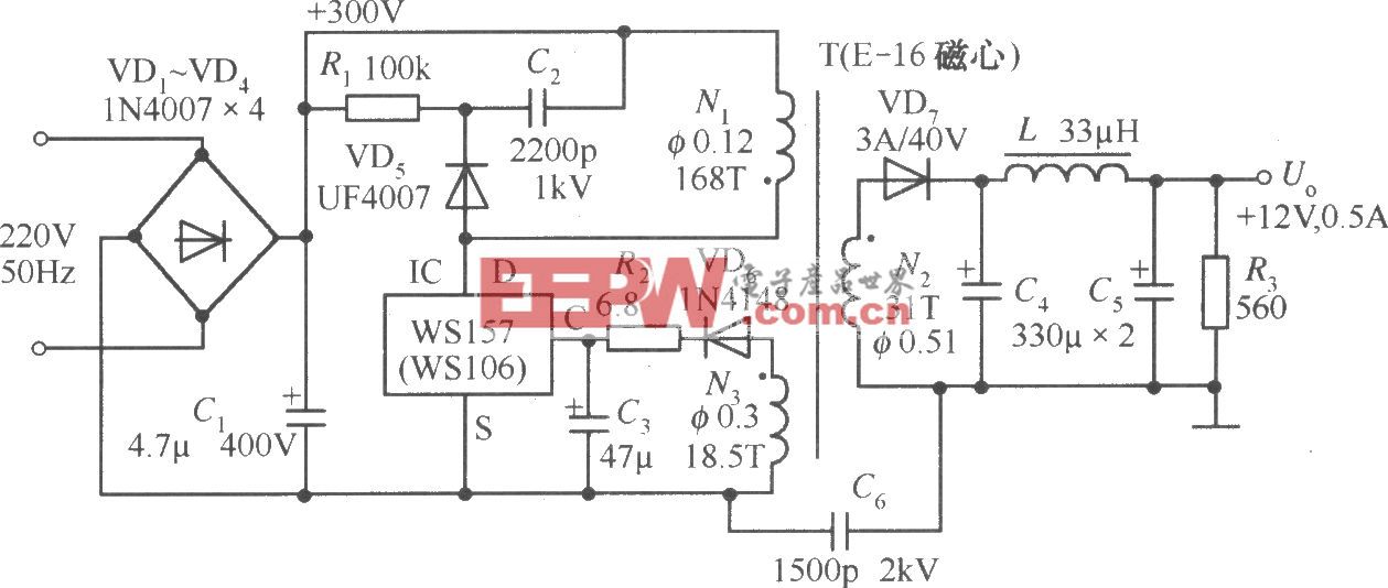 WS157构成的 12V、0.5A单片开关稳压电源电路