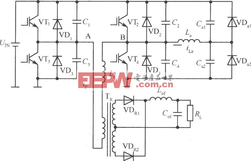 移相控制零电压PWM DC/DC全桥变换器主电路原理图