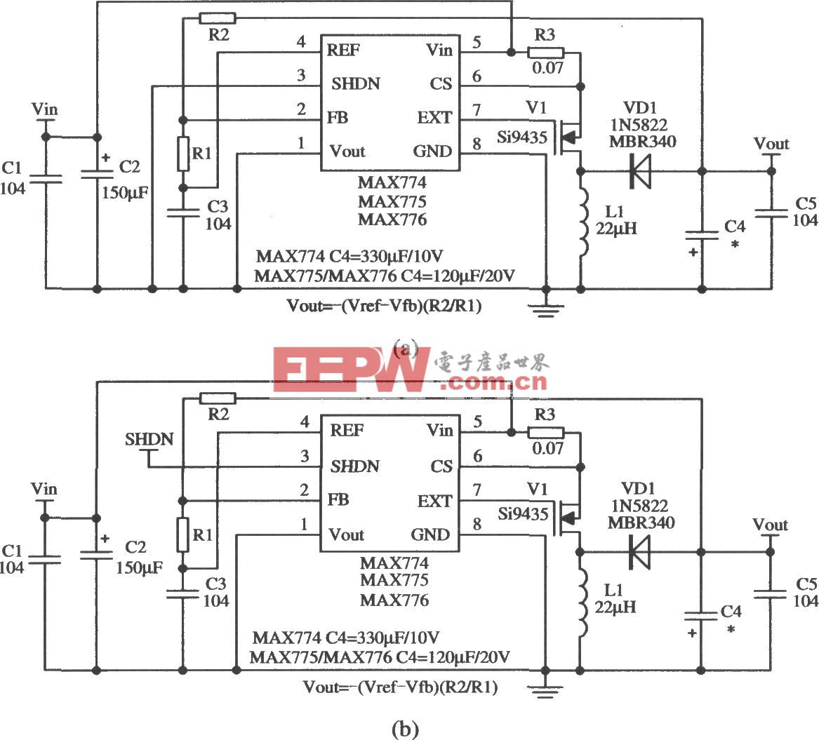 MAX774/MAX775构成输入电压在4.5V以上的输出电压可调的应用电路