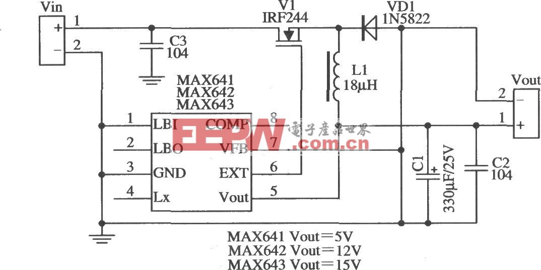 MAX641/MAX642构成降压型固定输出的应用电路